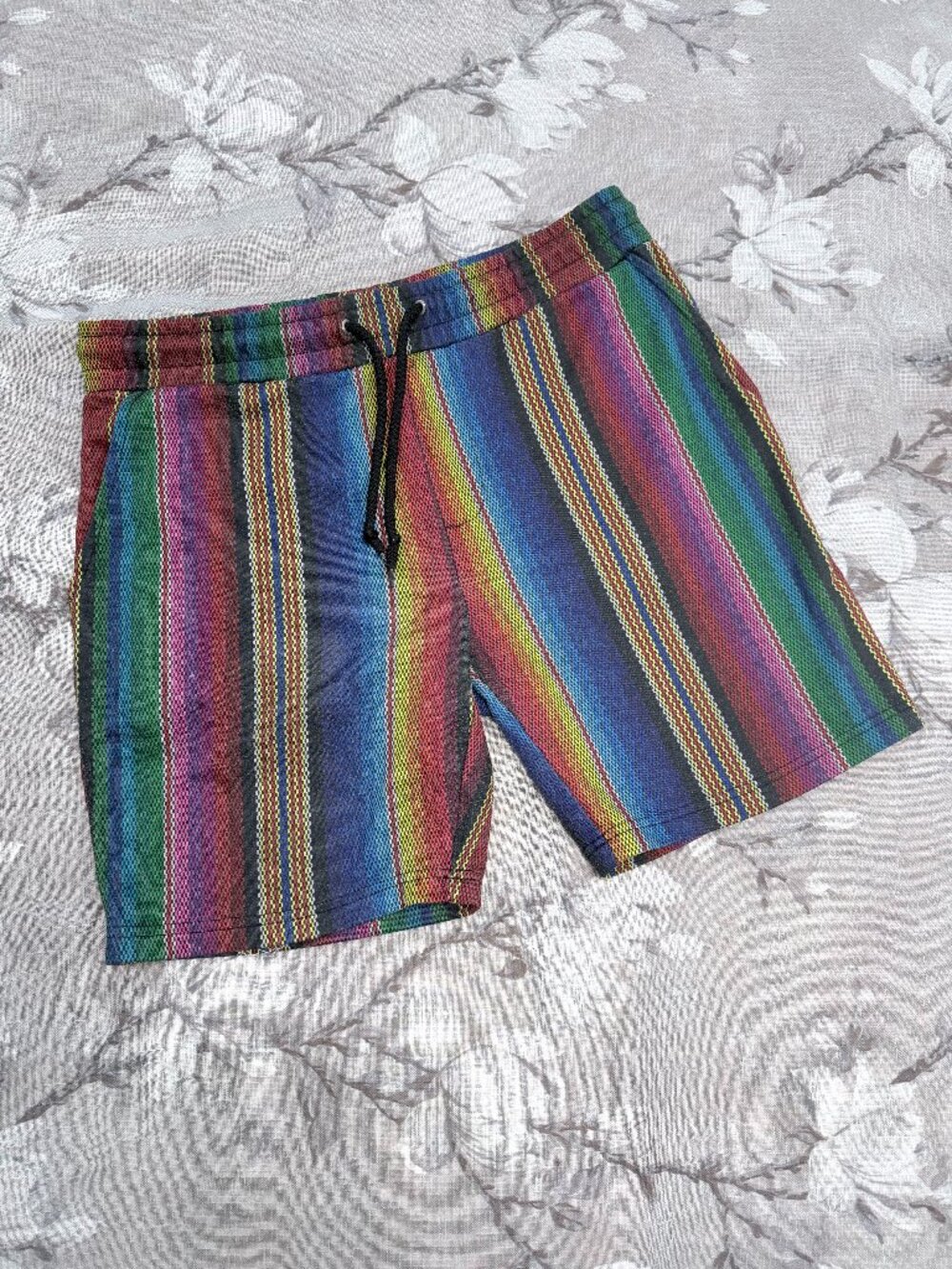 Rainbow Serape Stripe Drawstring Shorts Boho Baja Festival Unisex Small Medium